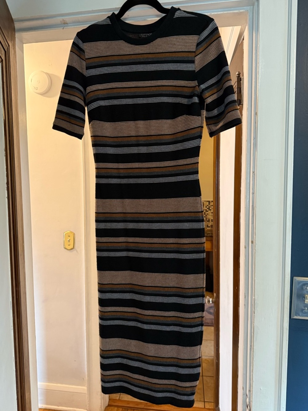 Topshop Black, Tan & Gray Striped Midi Dress